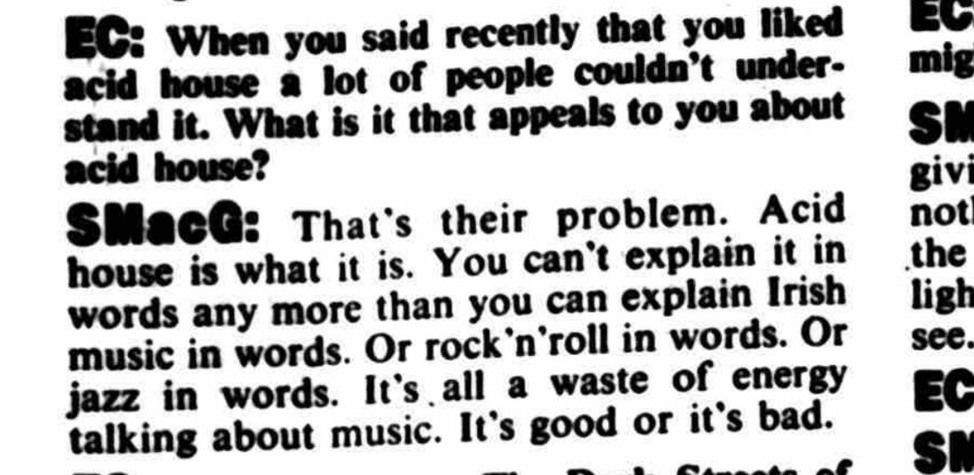 Let’s not forget that Shane McGowan loved ACID HOUSE 🙂 From the Evening Herald in 1989 #acidhouse #rip #ShaneMacGowan