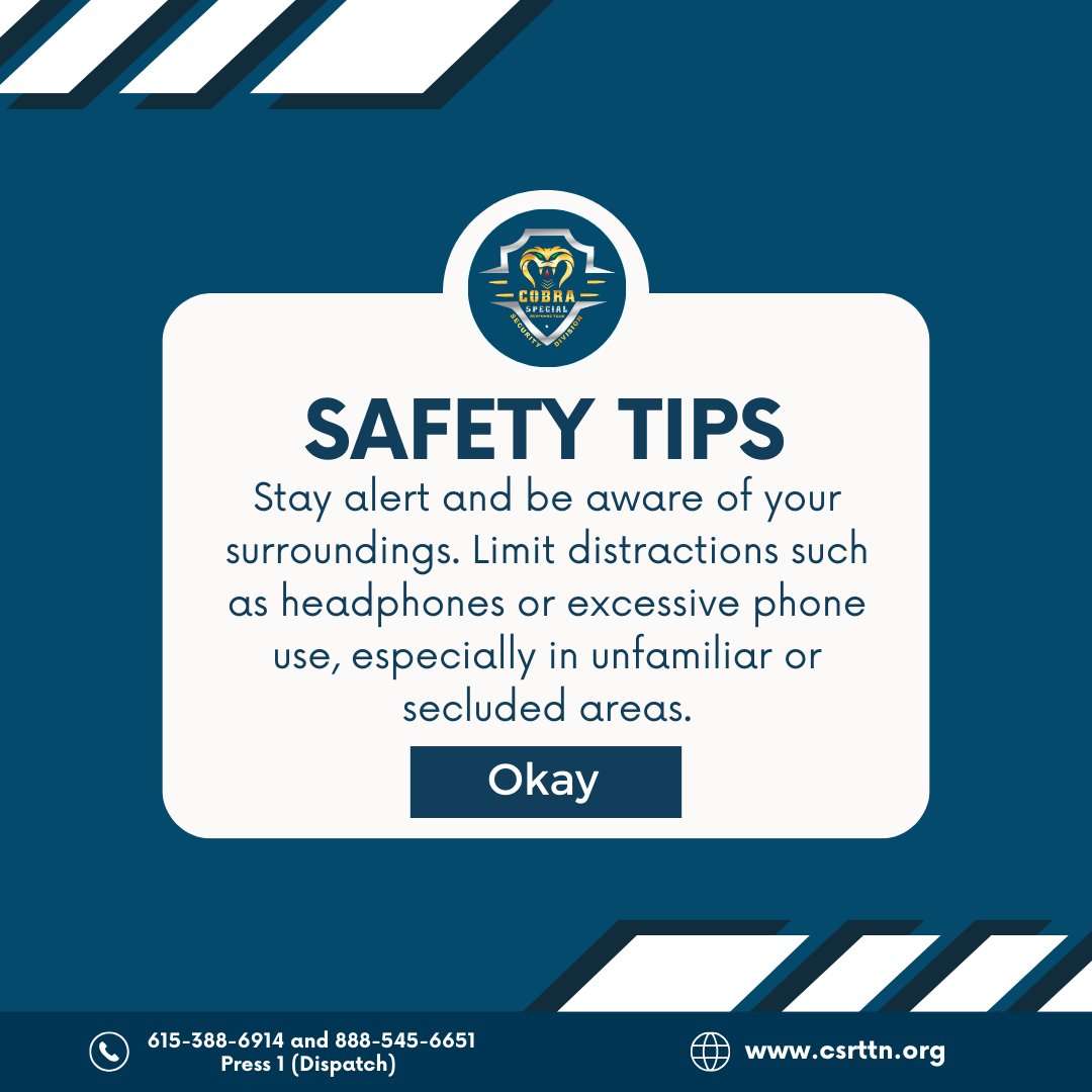 CSRTSECURITY24's tweet image. Day or night, crime never sleeps. Distractions out, awareness in! Whether in secluded spots or new places, staying alert is a personal safety game-changer. Put down the phone, ditch the headphones, and engage with your surroundings. 

#cobraspecialresponseteam #teamsecurity