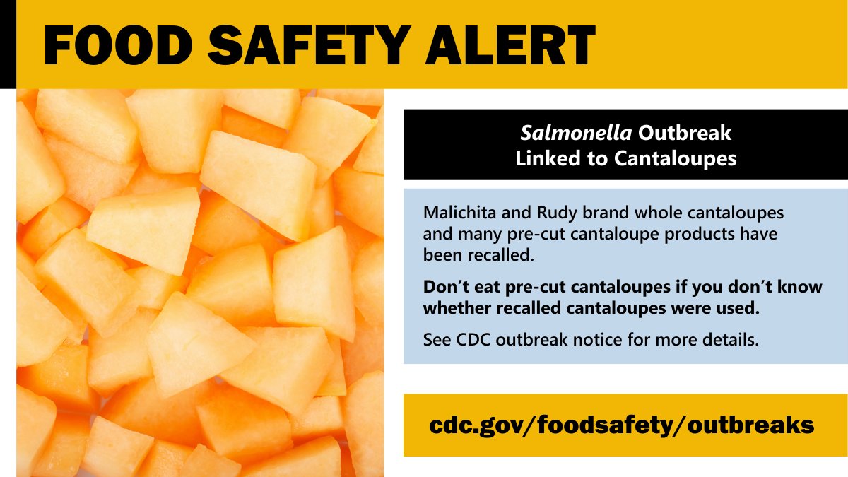 ⚠️OUTBREAK IN CANTALOUPES: Illnesses in this outbreak are severe, with more than half of sick people hospitalized. If you don’t know which brand of whole cantaloupes were used in pre-cut fruit products, the safest choice is to not eat it. More recall info: bit.ly/3R3jswt