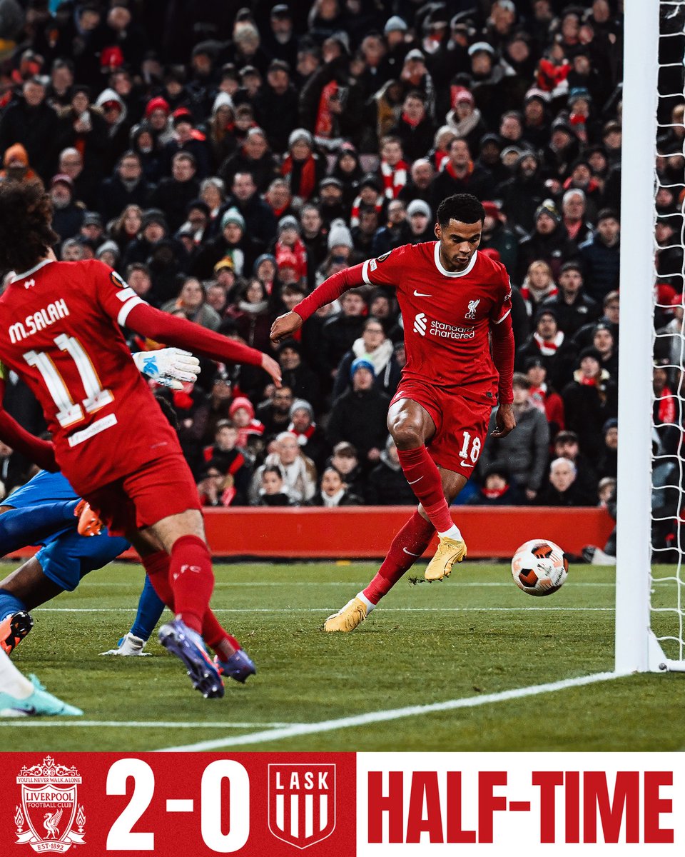 First half review
Liverpool 2-0 LASK

On the 12th Minute Diaz scores to make it 1-0 from a header with a cross from Gomez
Just 3 minutes later Gakpo scores.

We've been dominant for the most part some stats to show for it :
11 shots to 1, 66% possession and nearly twice as many