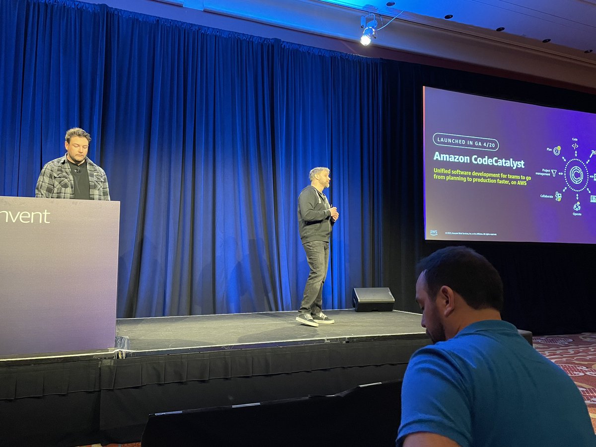 Lockhead's tweet image. Listening to @kyleseaman and @harrymower talk about #CodeCatalyst at #reinvent - great stuff and so much more to come!