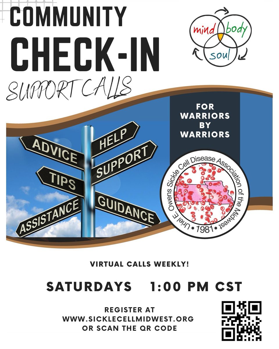 🌐 Join our #CommunityCheckin Support Call, Saturday at 1pm CST, to discuss, 
💬 'What is Your Why?' Reflect on your own journey and share your motivations! Let's empower each other! Register: sicklecellmidwest.org
#SickleCellMidwest
#SickleCellSupport 
#ScdStrongerTogether