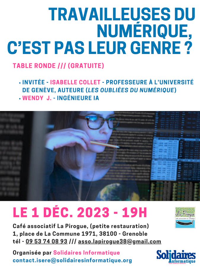 SolInfoNat's tweet photo. 💻Travailleuses du numériques,
c'est pas leur genre ? 

Notre section d'Isère organise cette table ronde avec
@ColletIsabelle4, et Wendy J ingénieure IA. 

C'est : 
- ce soir à 19h 
- au café associatif "La pirogue", 
- 1 place de la Commune 1871 à Grenoble
- gratuit https://t.co/4m5g6xrh5r