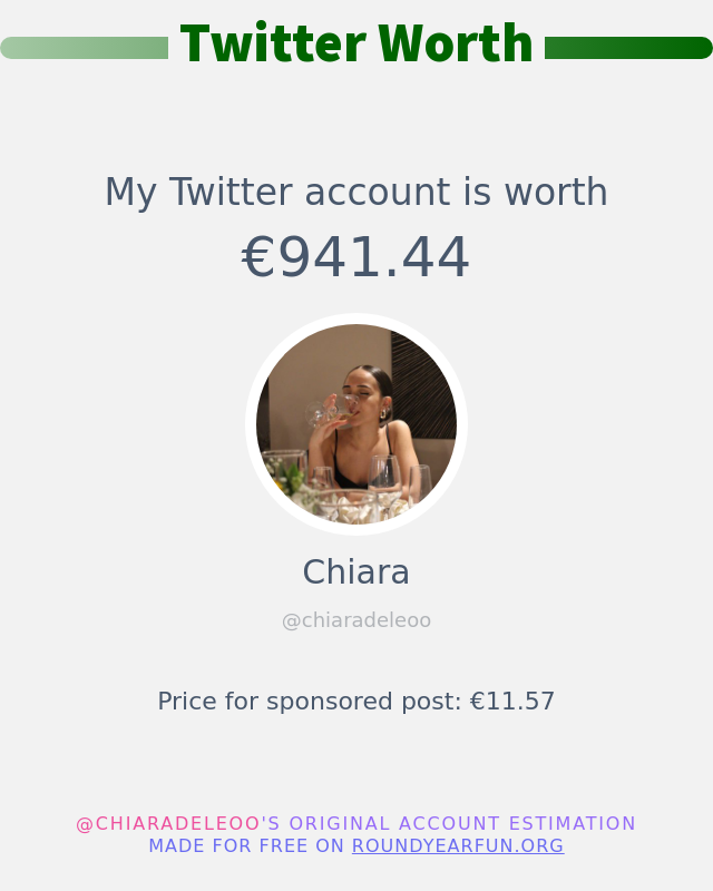 chiaradeleoo's tweet photo. Il valore del mio Twitter è di: €941.44

➡️ https://t.co/dmK2Tuxbky https://t.co/0EZm53Zupe