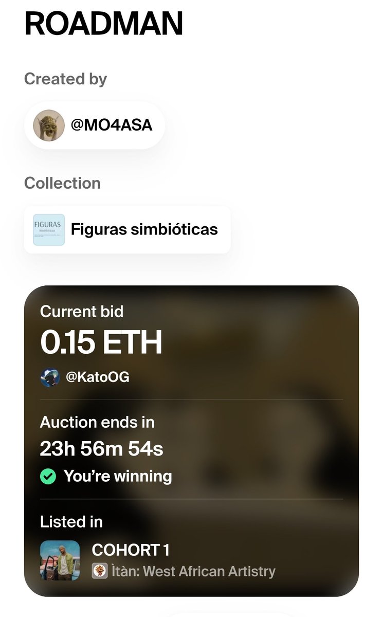 Kicked off the auction for 'ROADMAN' by <a href="/M04ASA/">ADAM || M04ASA</a> 🔥🔥

It's part of <a href="/ItanWorld/">Ìtàn: West African Artistry</a> on  <a href="/foundation/">Foundation 🌐</a> go check it out &amp; support incredible African artists #blamekato 

#nftsales #nftsold #artcollector #kk