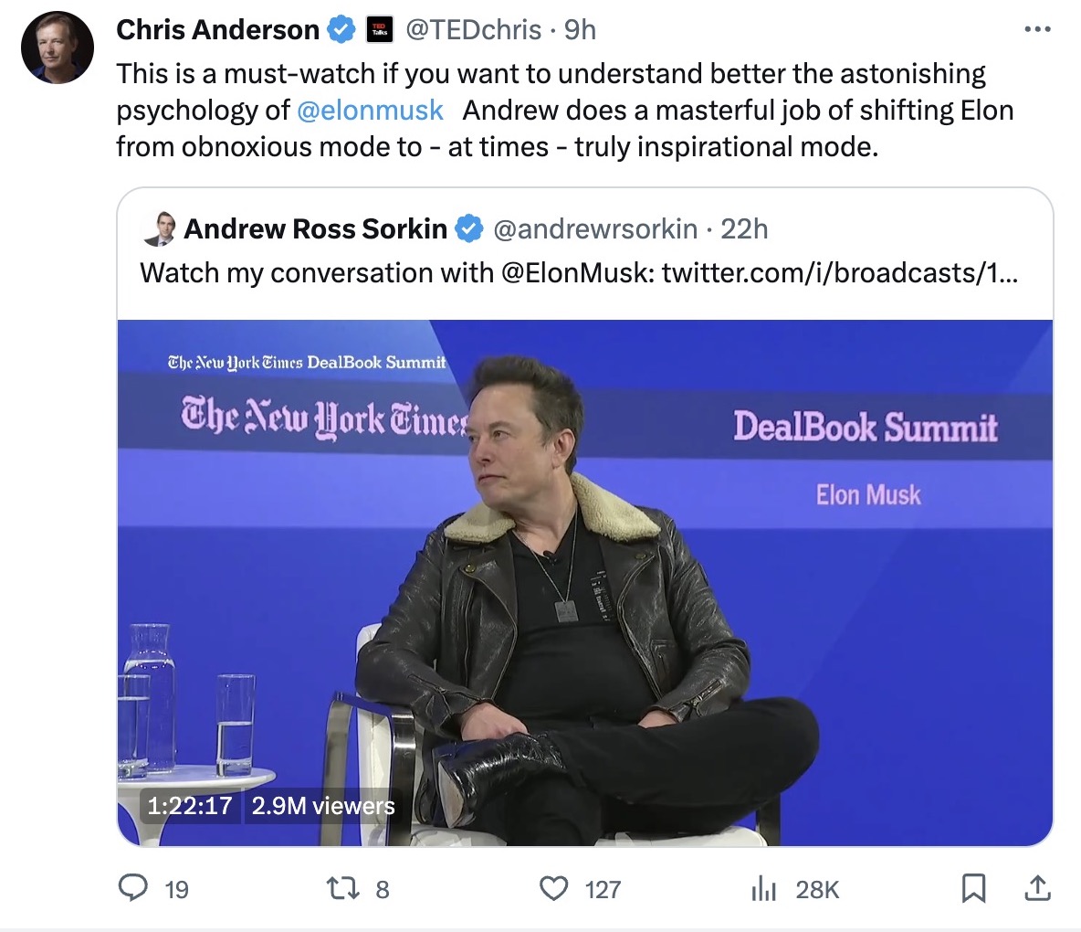wild to see Chris Anderson, the head of TED Talks, still unabashedly defending Musk's worst behavior