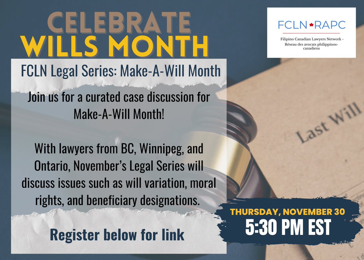 nationalFCLN's tweet photo. Reminder: We'll be dissecting a fascinating BC estates case today on moral rights and beneficiary designations for Make-A-Will Month, at 5:30 PM. Register here: https://t.co/cbrNPEIRzJ https://t.co/3OSYkJP2mh