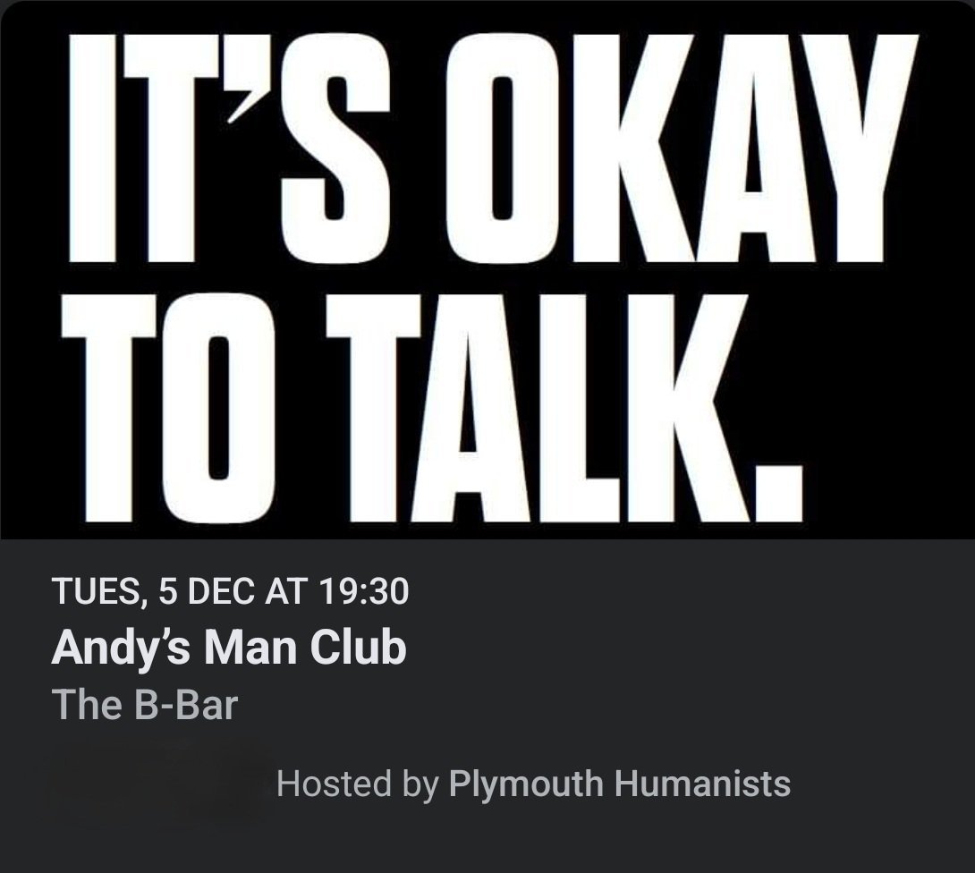 mr_wrighter's tweet image. 3 events coming up for @PlymHumans if any local friends want to join!

Tue 5th - Andy's Man Club - talk on men's mental health at the B-Bar

Fri 8th - our seasonal drinks get-together at the Fortescue on Mutley

Tue 12th - we're seeing the film Fallen Leaves @PlymArtsCinema
