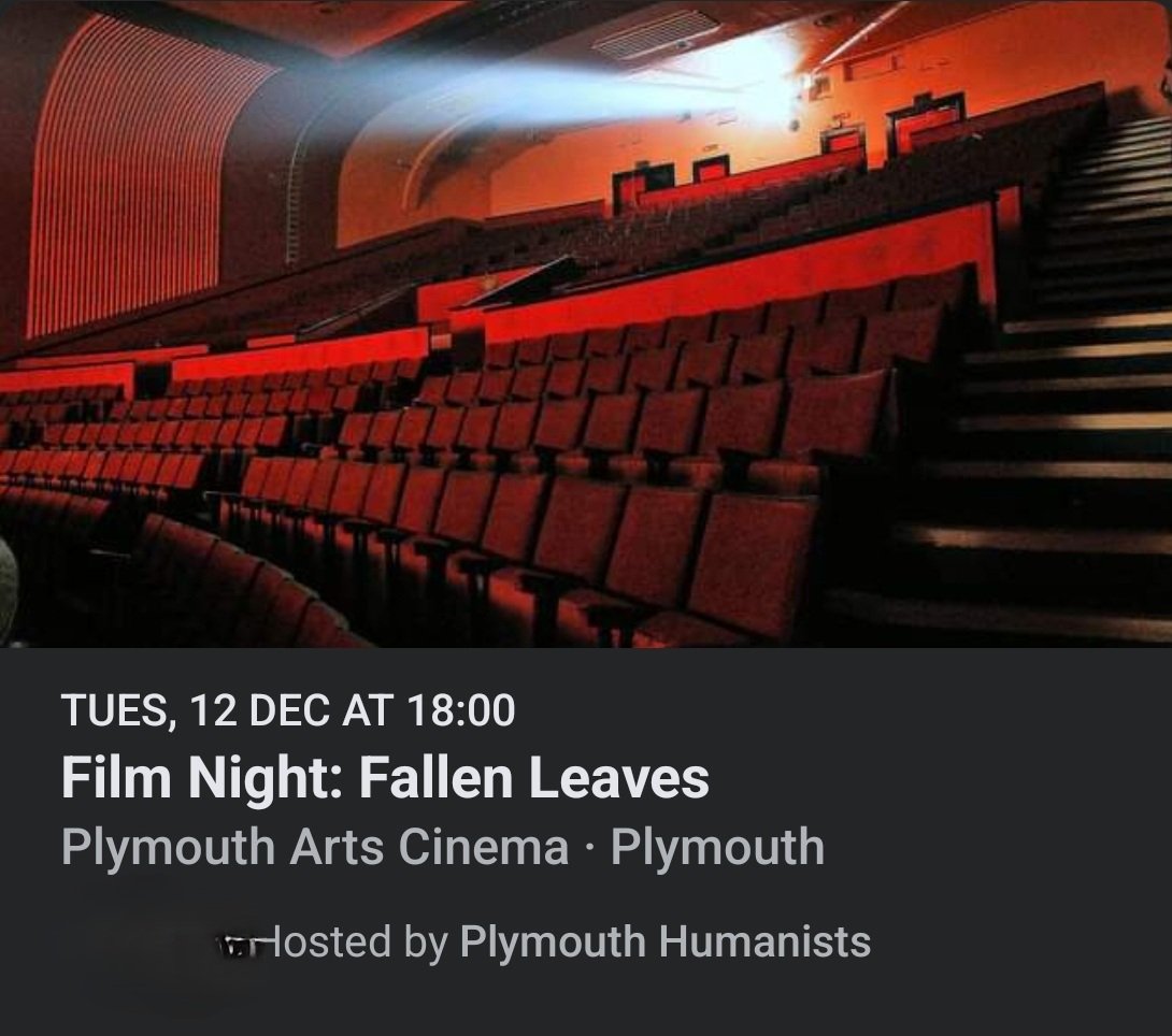 mr_wrighter's tweet image. 3 events coming up for @PlymHumans if any local friends want to join!

Tue 5th - Andy's Man Club - talk on men's mental health at the B-Bar

Fri 8th - our seasonal drinks get-together at the Fortescue on Mutley

Tue 12th - we're seeing the film Fallen Leaves @PlymArtsCinema