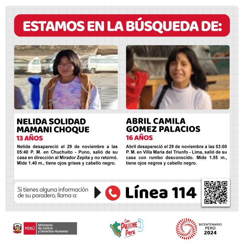 MinjusDH_Peru's tweet photo. ¡Logremos que vuelvan a casa! 

Estamos en la búsqueda de Nelida Mamani (13 años) y Abril Gomez (16 años), quienes están desaparecidas. 

📞 Si conoces su ubicación, comunícate a la línea 114. https://t.co/PkRzgEZ8Nm