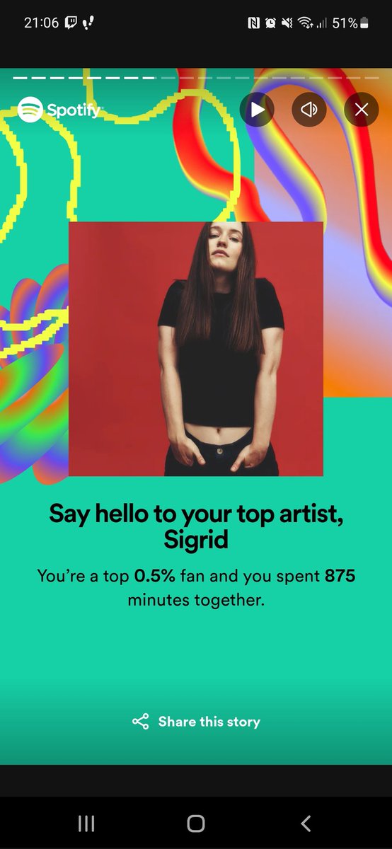 TheImpess19's tweet photo. This has got to be three or four years in a row now 😍 I will get to see her live one day! The personal message for being top 5% nearly made me cry 🤣🤣 Thank you so much @thisissigrid for creating such amazing music. #SpotifyWrapped https://t.co/0VXRVQbd8R
