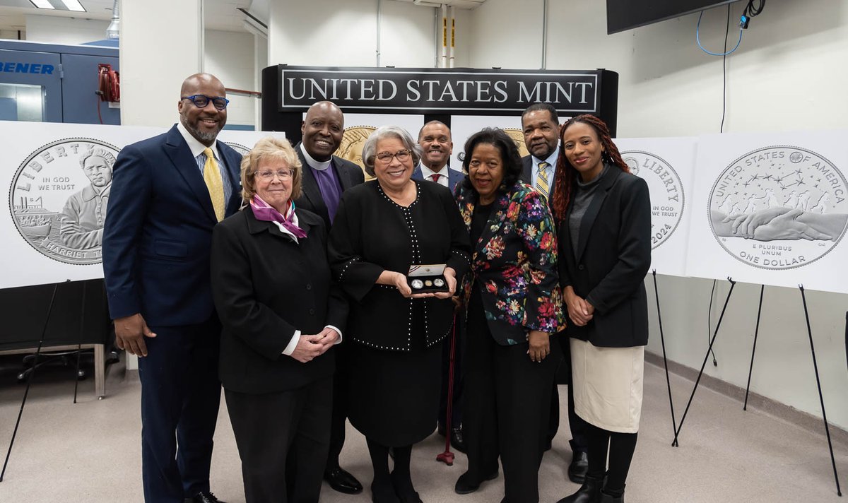 #WeStruckGold! Today, the Honorable Ventris C. Gibson and members of both recipient organizations for the Harriet Tubman Bicentennial Commemorative Coin Program participated in the ceremonial strike of the 2024 Proof Five-Dollar Gold Coin. bit.ly/3T1TSJM @FreedomCenter