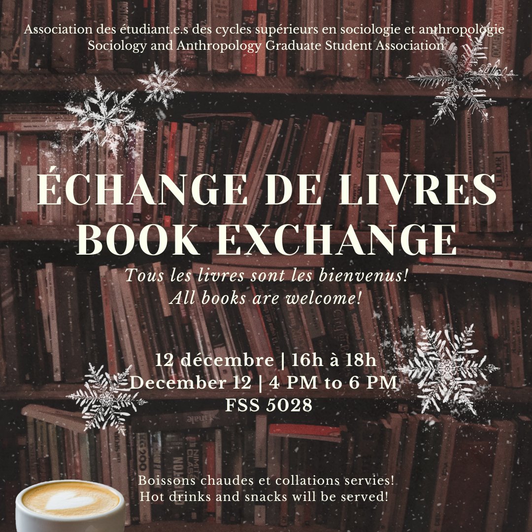 ❄️ À l'approche du temps des fêtes, l'AÉCSSA vous invite à un échange de livres! 

❄️ As the holiday season approaches, SAGSA invites you to a book exchange!