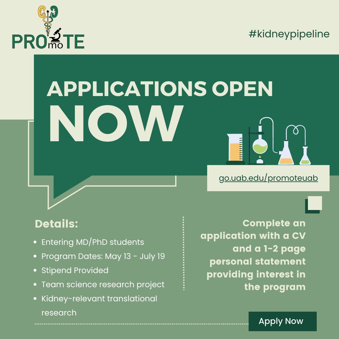 If you are an entering MD/PhD student looking for a team science research opportunity, apply for PROmoTE! This is a unique opportunity to get close mentorship from a team of research scientists. Applications are open now! Visit go.uab.edu/promoteuab to learn more! #PROmoTE24