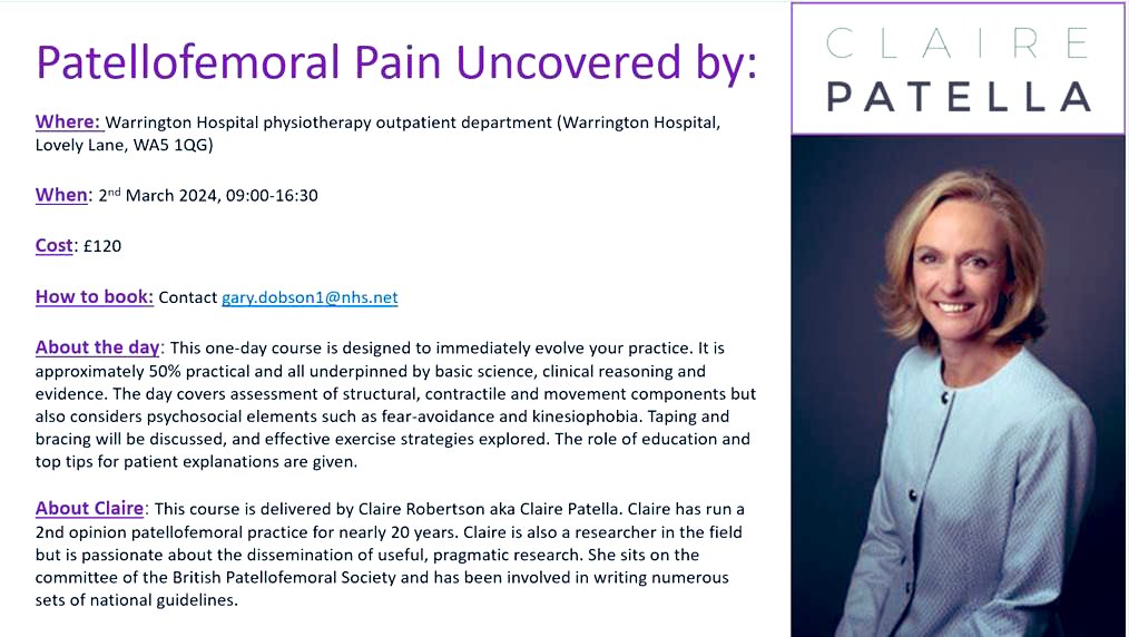*COURSE Alert* We are hosting @clairepatella on 2/3/2024 @WHHNHS for those interested, intrigued, unsure or unnerved by #PFP this is the course for you. See below for details and contact for any additional information #PFJ #AKP #PFPS #ClairePatella #Physio #Rehab #CPD