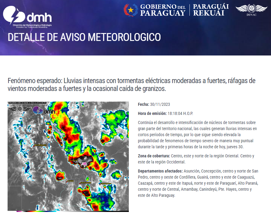 DMH_paraguay's tweet photo. Aviso Meteorológico N° 1144/2023 Emitido.  
Enlace: https://t.co/UPvMU0QoCO
Fecha: 30/11/2023 
Hora: 18:18 h. https://t.co/7yOokPFWTr