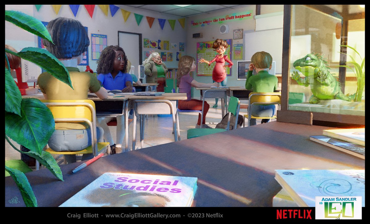 craig_elliott's tweet photo. A painting I did when I was production designer on Netflix's LEO!  I was working on an idea to have the show rendered in a watercolor look and this was one of the pieces I did to explore that.  I also designed the classroom itself in great detail. https://t.co/v0FpPLBwxh