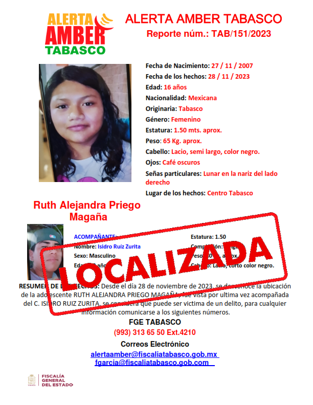 Personas Desaparecidas Tabasco, desactiva cédula de alerta amber a nombre de la adolescente RUTH ALEJANDRA PRIEGO MAGAÑA.