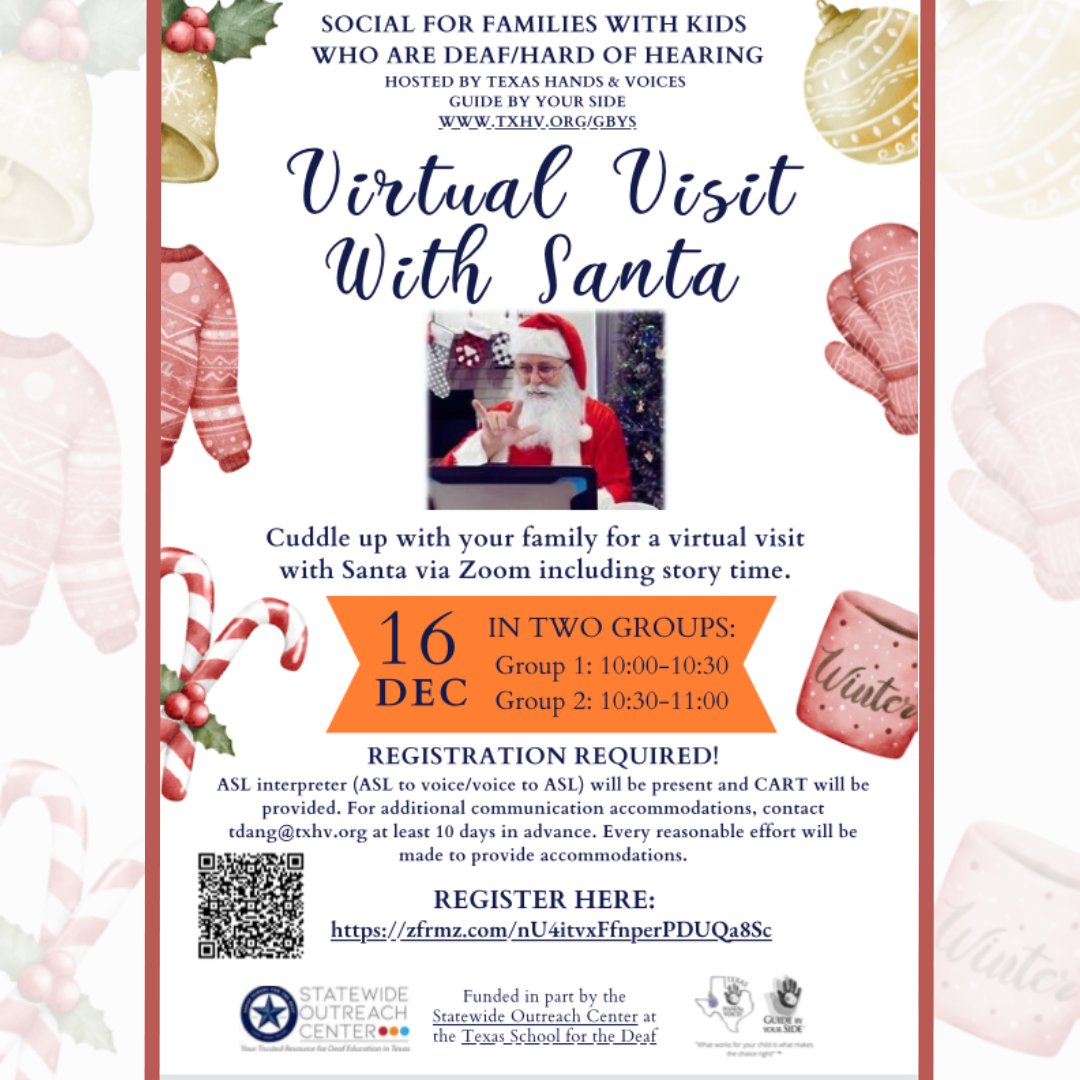 TXHandV's tweet image. Santa is coming to Zoom - December 16!  ASL interpreter and CART provided.  Registration required!
