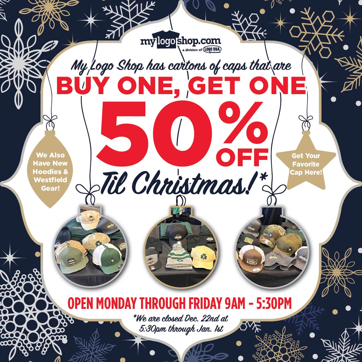 Caps are BOGO Half Off @ the retail shop! Come see us at 320 Parkway Circle in Westfield!