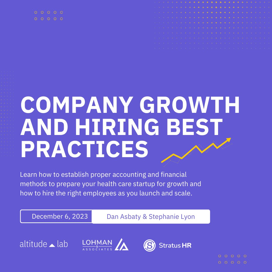 AltitudeLab's tweet image. We are partnering with Lohman &amp;amp; Associates, Inc. and
@stratushr to bring to you the &quot;Company Growth and Hiring Best Practices&quot; workshop on December 6th at Altitude Lab.   Get your tickets today by visiting altitudelab.org/events/company… 

#CompanyGrowth #HiringStrategies #AltitudeLab