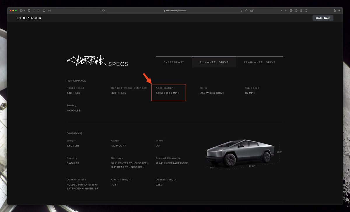 SaharshPruthi's tweet photo. @RobSchmidt434 @MKBHD The CyberBreast is 2.6s, there is discrepancy in specs from 2 different pages on Tesla Website, Main page, Order Page for ALL WHEEL DRIVE version . https://t.co/lPe5F5etgR