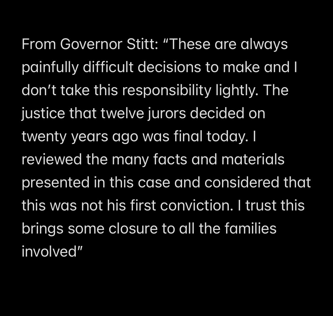 Just received this statement from @GovStitt on denying clemency to Phillip Hancock today despite the recommendation from the Pardon and Parole Board: