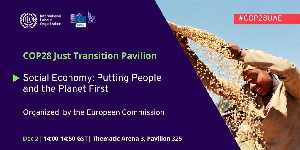 .@ilo & the @EU_Commission are organizing a #socialeconomy session at #COP28 on December 2. 

Enterprises Department Director Rie vejs-Kjeldgaard will speak on the follow up to the #ILC2022 & #ILC2023 resolutions & links between the #socialandsolidarityeconomy & #justtransition