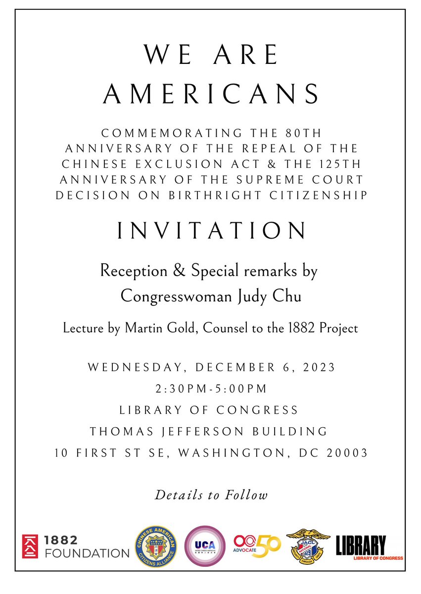 Join us on Wednesday, December 6 for a special commemoration event at the Library of Congress...

Special remarks by <a href="/RepJudyChu/">Judy Chu</a> 

Register: eventbrite.com/e/we-are-ameri…

<a href="/CACAnational/">Chinese American Citizens Alliance</a> <a href="/ucasocial/">United Chinese Americans (UCA)</a> <a href="/OCANational/">OCA – Asian Pacific American Advocates</a> <a href="/JACL_National/">JACL National</a> <a href="/librarycongress/">Library of Congress</a> <a href="/WHIAANHPI/">White House Initiative on AA and NHPIs</a>