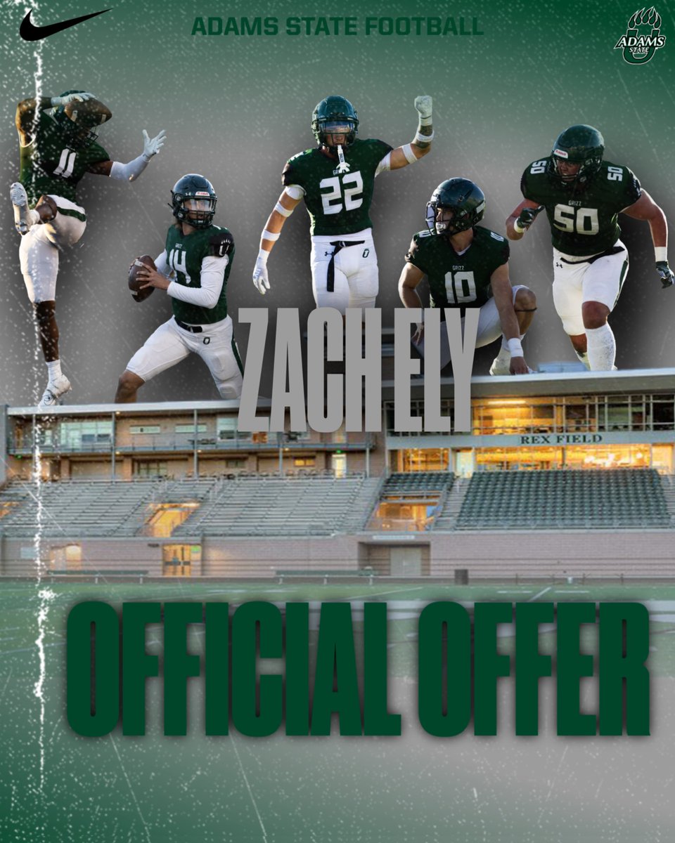 ZachEly13's tweet photo. #AGTG ✝️🙌
After a great conversation with @CoachJHarrison_ I’m incredibly blessed to have received an offer from @AdamsStFTBL‼️🐻#EagleDNA #GoGrizz
@BroomfieldFtbl @OneOnOneCO @CaptainKirk02 @KohlsSnapping @coachkham1_ @CoachOBrien @BHSEAGLE @Fentresskicking https://t.co/pVXJLvJdrE