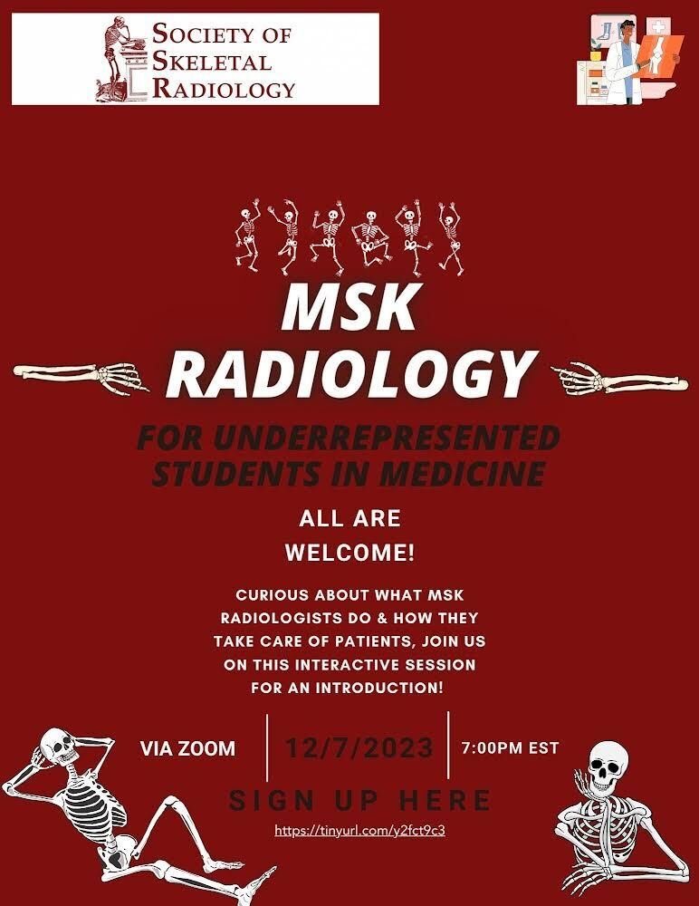 TheRadRoom (@theradroom) on Twitter photo Want to learn more about what MSK Radiology is and how they take care of patients? Don't miss the <a href="/SSRbone/">Society of Skeletal Radiology</a> Zoom event to learn more!
📅 12/7/2023
⌚️7:00 PM EST
This event is for URiM students but all are welcome!
Sign up: tinyurl.com/y2fct9c3 Want to learn more about what MSK Radiology is and how they take care of patients? Don't miss the <a href="/SSRbone/">Society of Skeletal Radiology</a> Zoom event to learn more!
📅 12/7/2023
⌚️7:00 PM EST
This event is for URiM students but all are welcome!
Sign up: tinyurl.com/y2fct9c3