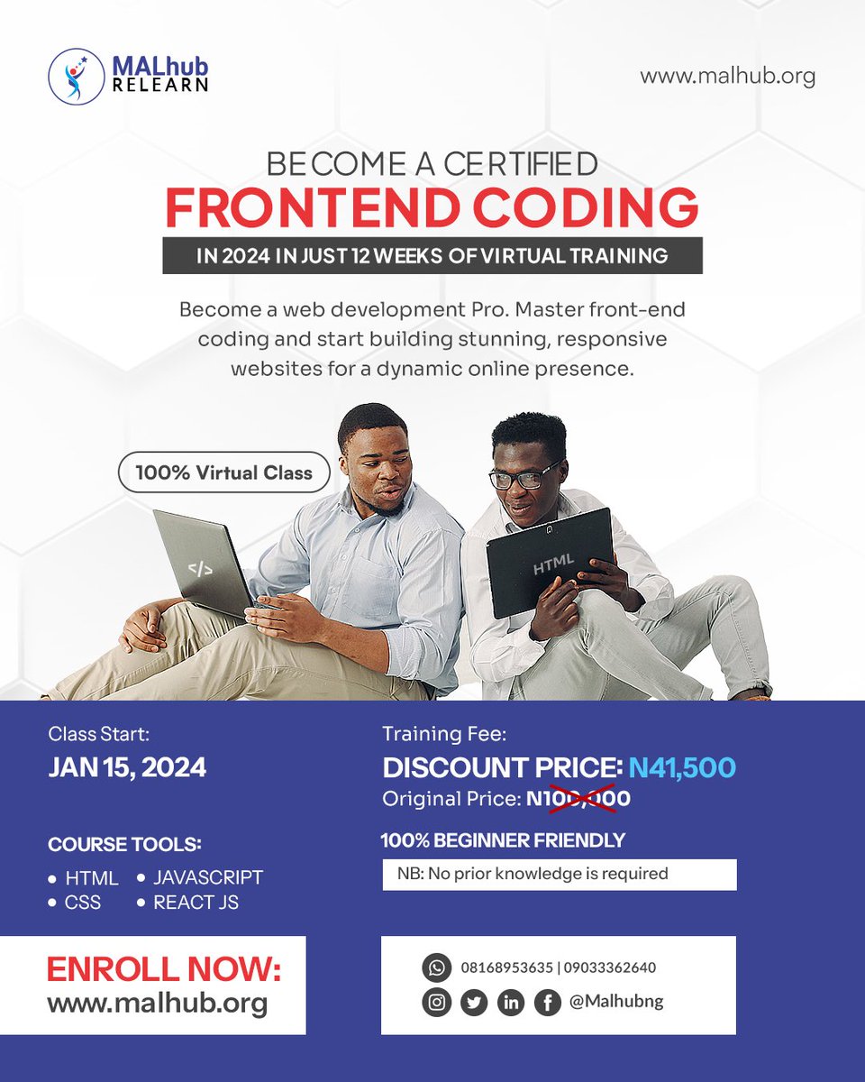 malhubng's tweet image. Become the new Tech wiz!
Gain skills that will position you for global opportunities

MALhub Relearn Program is a 3-month high quality, expert-led, Virtual training targeted at solving problems while leveraging technology.

Available Course

- Data Analysis

- Frontend Coding