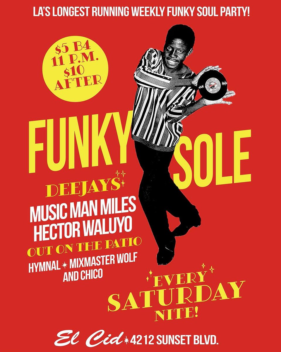 📸🎉 It's FUNKY SOLE time! Join us this Saturday! Our resident DJs <a href="/footsie_collinz/">Footsie Collinz</a> &amp; @hectorwaluyo will bring you incredible sounds from all around! 🪩🎶
10pm // 21+
Get tickets here: link.dice.fm/G07a1e8ea7b8

#AllVinyl #FunkySole #ElCidOnSunset