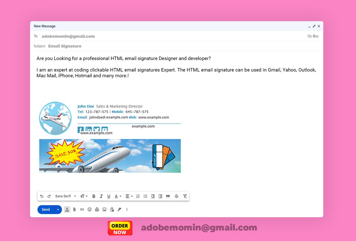 EmailSignature0's tweet image. Are you looking for an Email signature? Don&apos;t worry! You are in the right place.

I am an expert Email signature developer. I will provide you with a Clickable and Editable HTML email signature with some amazing features.  #htmlsignature
#emailsignature
#outlooksignature