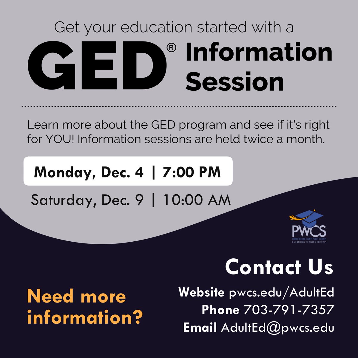 PWCSAdultEd's tweet photo. Next Monday, December 4, we will have our first GED information session for December.  If you'd you'd like to learn more about the GED, register for our December  GED info sessions with the link below!
https://t.co/dE2M5qBLA0 https://t.co/MdCsoRSAq7