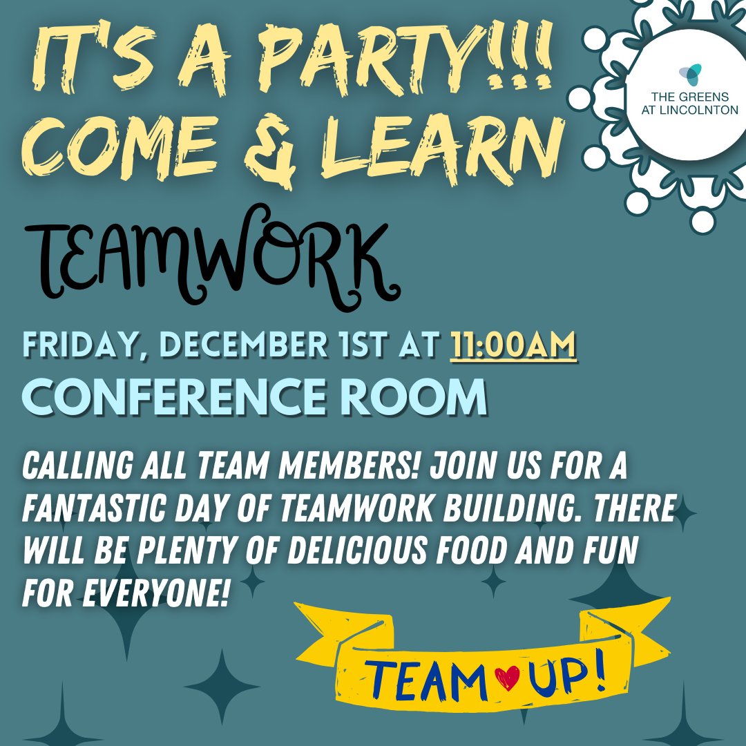 LincolntonThe's tweet image. 🌿 Calling all Greens at Lincolnton team members! Let&apos;s come together to &apos;build&apos; some fantastic teamwork this Friday, December 1st, at 11:00 AM in the conference room. Join us for a delightful day filled with delicious food and fun! 🍃🛠️ #GreensTeamBuilding #WorkplaceUnity