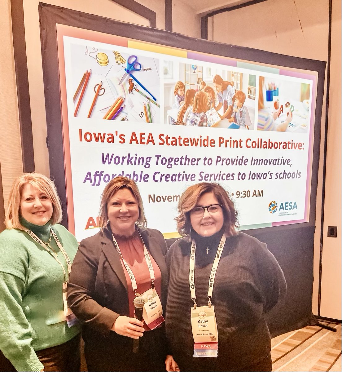 Directors of Creative Services & Communications Beth Strike (CRAEA) & Renee Nelson (GWAEA) teamed up with CRAEA Board Member Kathy Enslin to share insights at the AESA Annual Conference on Iowa’s AEA Statewide Print Collaborative. 🖼️🤝💡 #EveryDayatAEA aeacreativeservices.org