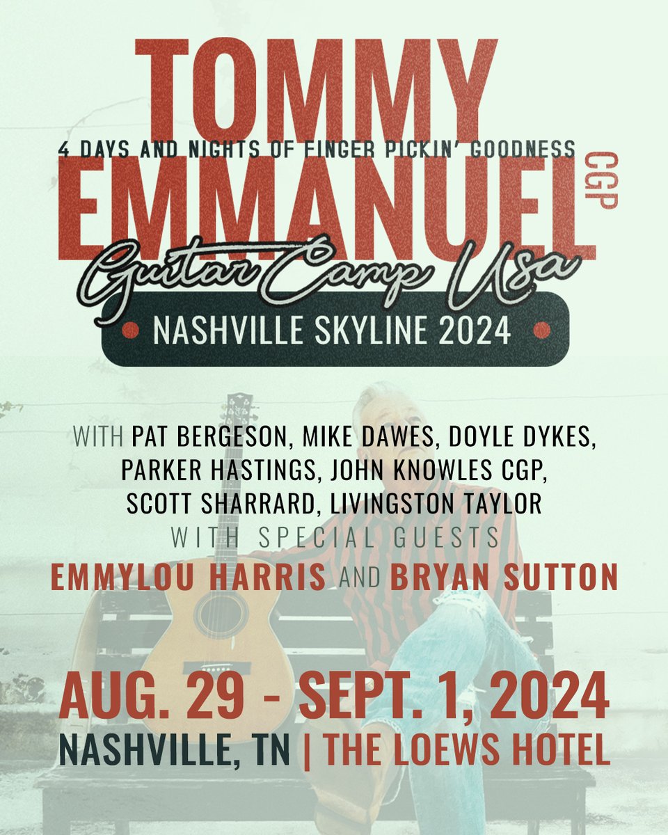 Emmylou is thrilled to be a part of @tommyemmanuel Guitar Camp USA: Nashville Skyline 2024 from 8/29-9/1 at the Loews Vanderbilt Hotel in the heart of downtown Nashville. Register by Jan 3 and get 10% off. See you in Music City! Register here: tommyemmanuelguitarcampusa.com