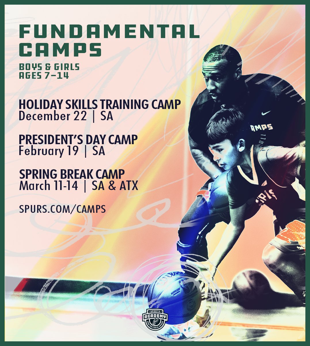 Hoops enthusiasts, it's time to shine! 🏀

Spurs Fundamental Camps are back for ages 7-14. Join us for skill-boosting sessions, fun games, and character-building activities. Elevate your game this break! Don't miss out on this slam dunk opportunity!! bit.ly/49XyoDI