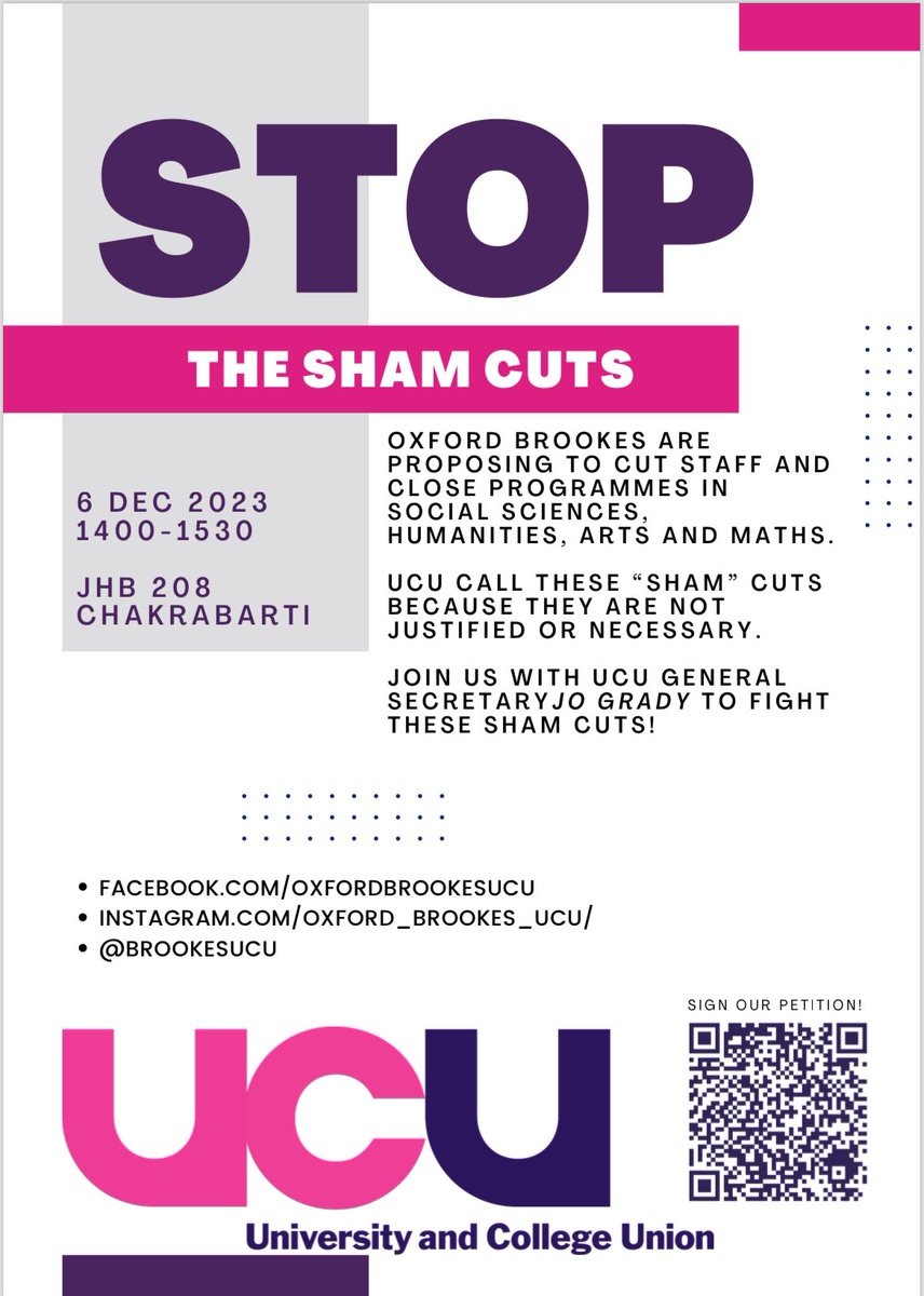 📢 STOP THE SHAM CUTS at @oxfordbrookes! 

Join the rally on 6 December at 14:00 in solidarity with @BrookesUCU and against management's plans to cut staff and close programmes in social sciences, humanities, arts and maths.  

#OneOfUsAllOfUs #saveourlectuers #stoptheSHAMcuts
