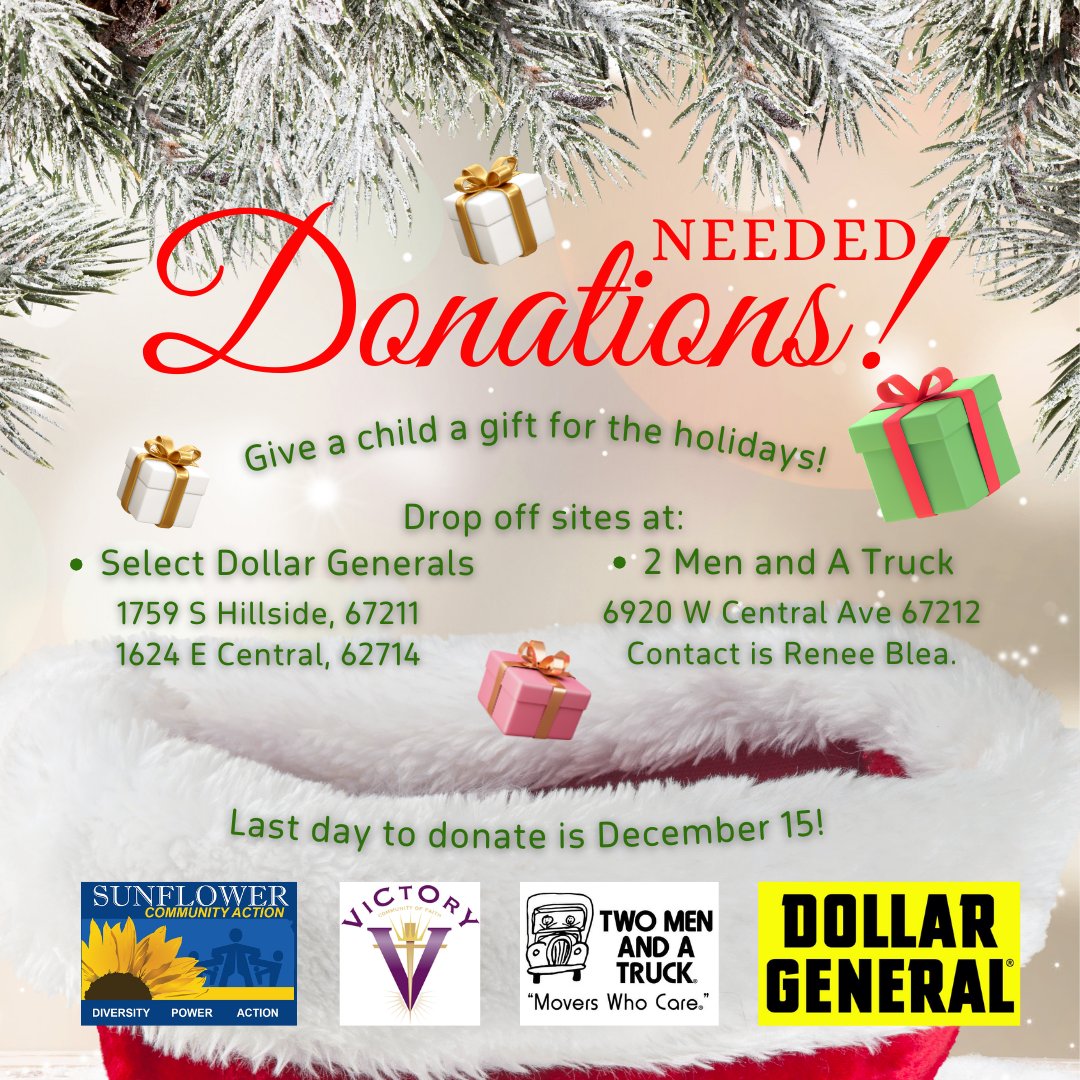 There's still time to donate! Visit one of our dop off locations to leave your toy donations.
Select Dollar Generals: 1759 S Hillside, 67211 &amp; 1624 E Central, 62714
2 Men and a Truck: 6920 W Central Ave 67212 Contact is Renee Blea.
For monetary donations
sunflowerwichitaks.org/get-involved