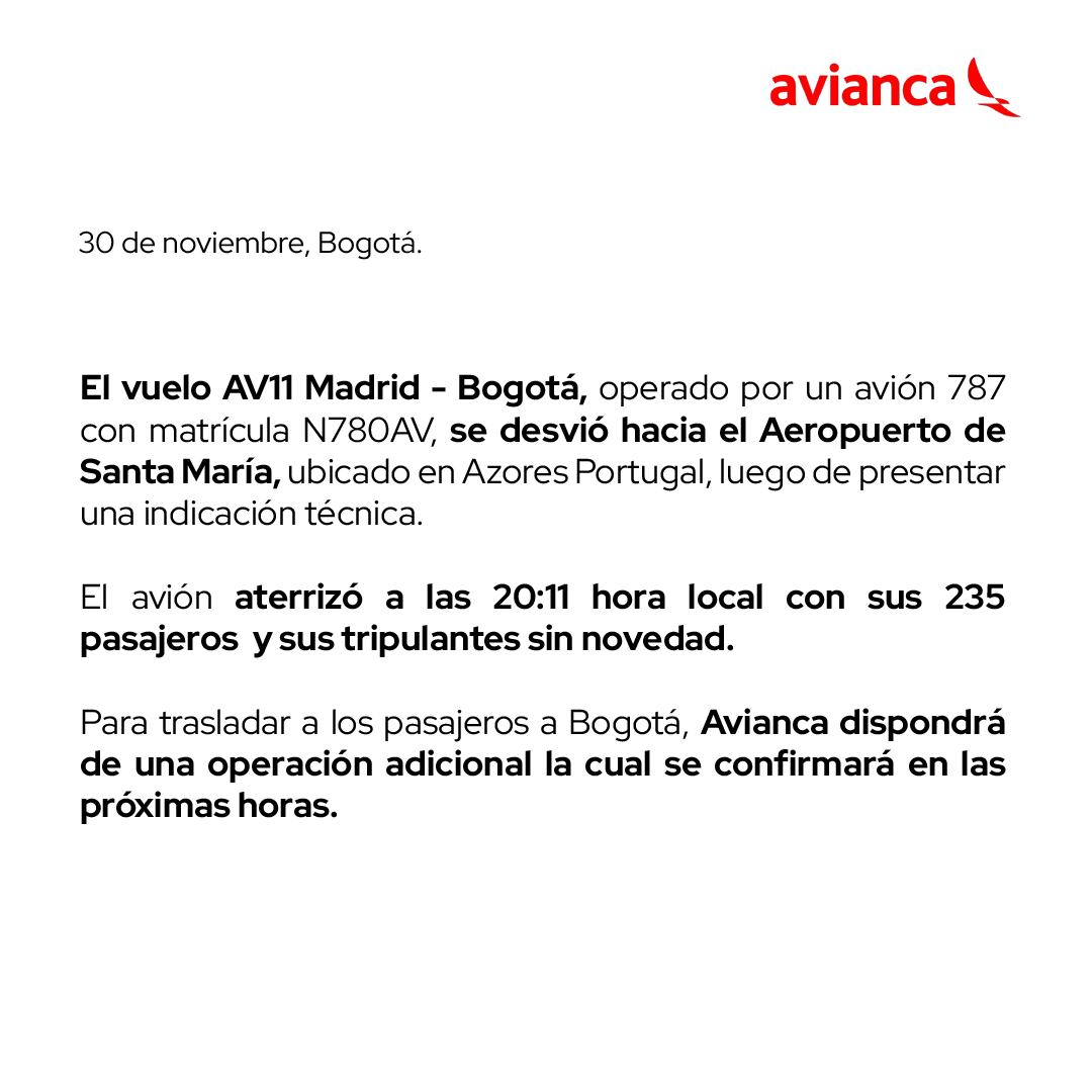 avianca's tweet photo. Sobre nuestro vuelo AV11 que cubría la ruta Madrid-Bogotá, les informamos: https://t.co/RyKIOfPG7W