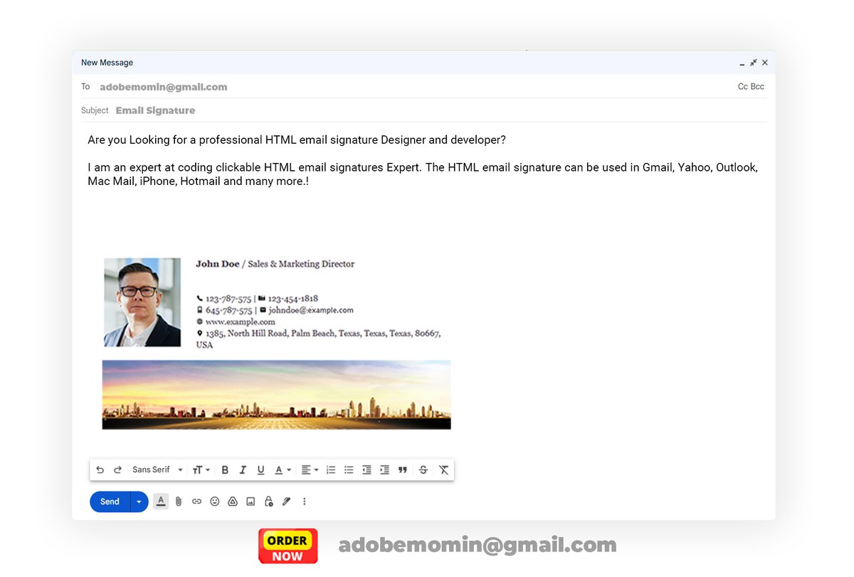 EmailSignature0's tweet image. Unlock the power of a professional touch with our custom-designed HTML email signatures. Whether you&apos;re using Gmail, Outlook, Apple Mail, or any other client, our signatures ensure you stand out in every inbox. #animatedemailsignature
#htmlsignature
#Clickablesignature