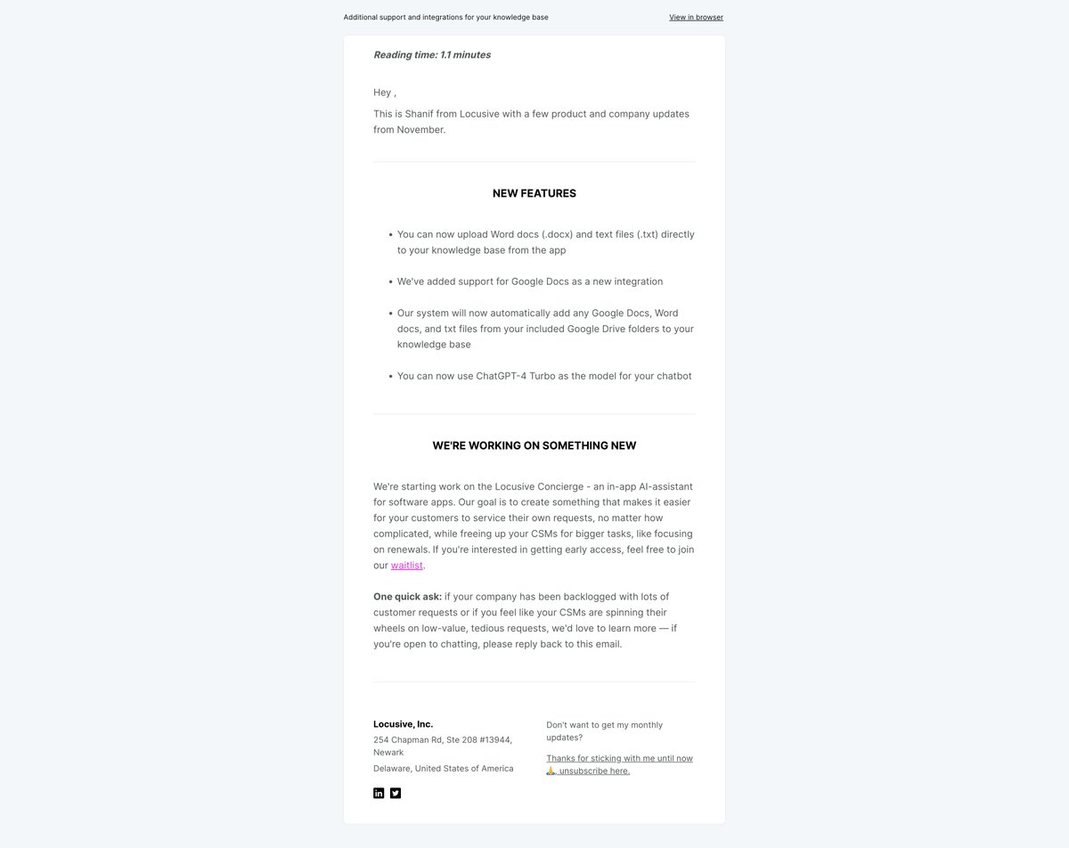 Locusive's tweet photo. Today we sent out our monthly updates for November. We announced a few new features, including expanded support for your knowledge base. If you're interested in getting these updates straight to your inbox, just add your email to the footer of https://t.co/1sdVIG2TNm https://t.co/prNNmDTRxW