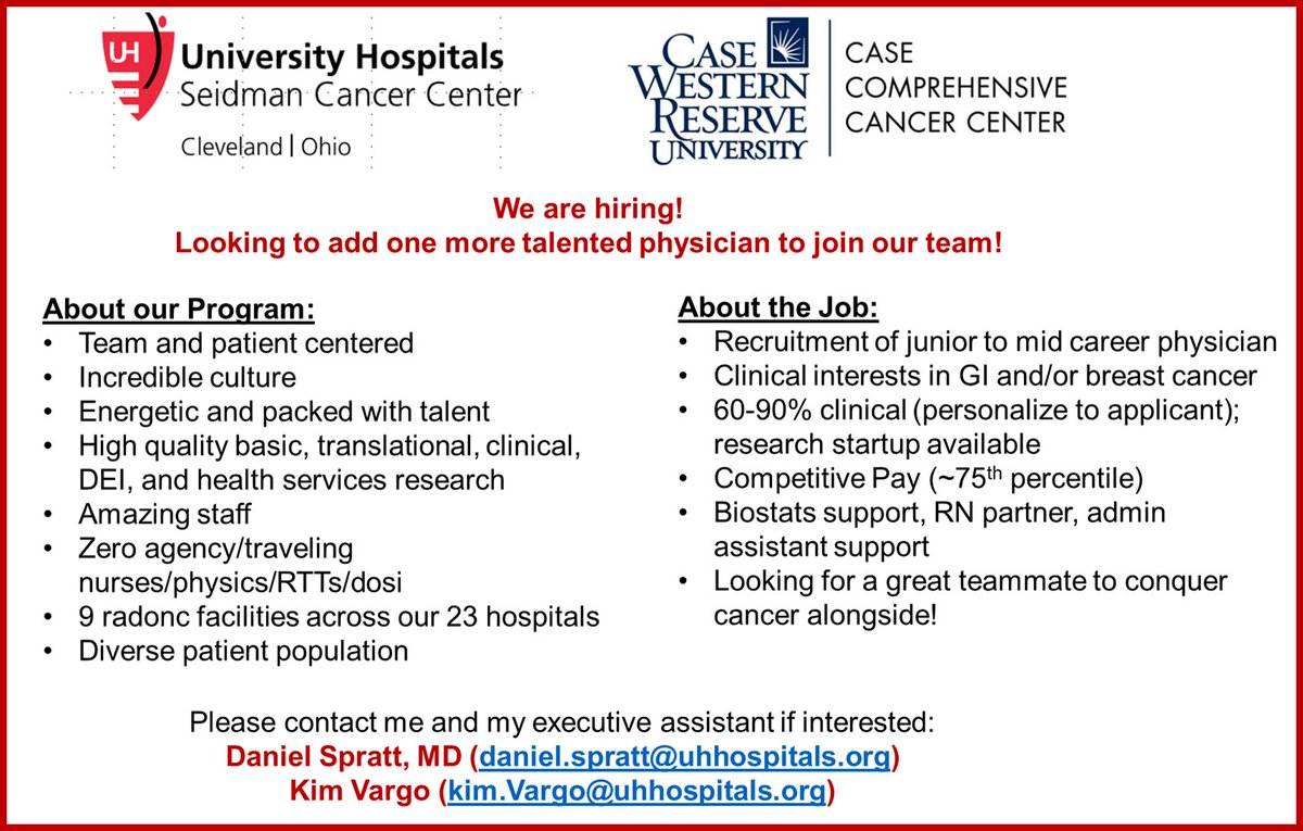 #radonc Dont miss out! Although we have hired up a storm of phenomal team members given our tremendous growth, we @RadOncUH are hiring for 1 additional physician. Please see image for the basics and reach out with any questions or if interested! Feel free to also message any of
