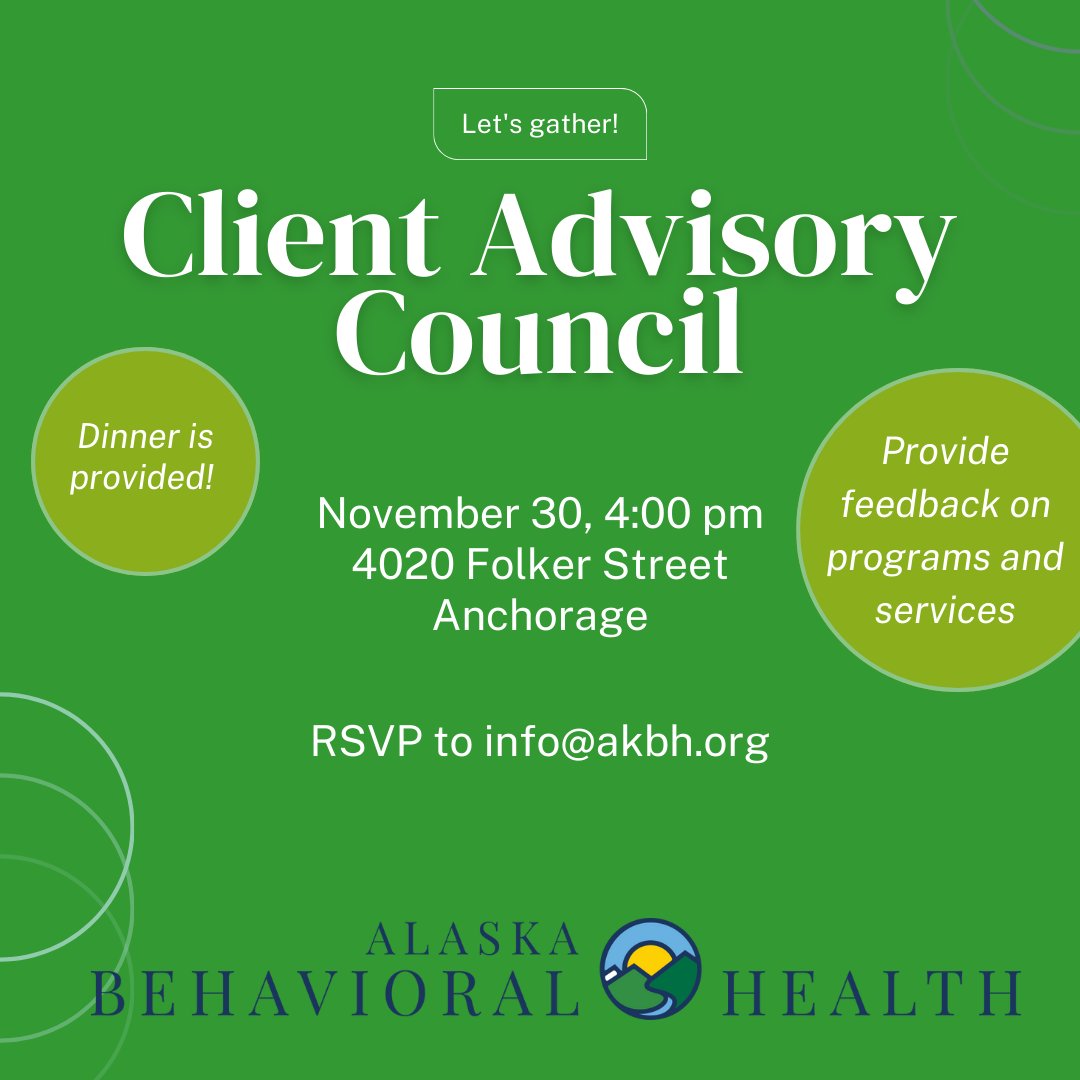 Our Client Advisory Council is looking for new members to help provide feedback on current and future services and programs.  Email  info@akbh.org or stop by November 30, 4:00 pm at 4020 Folker Street in Anchorage.

#mentalhealth