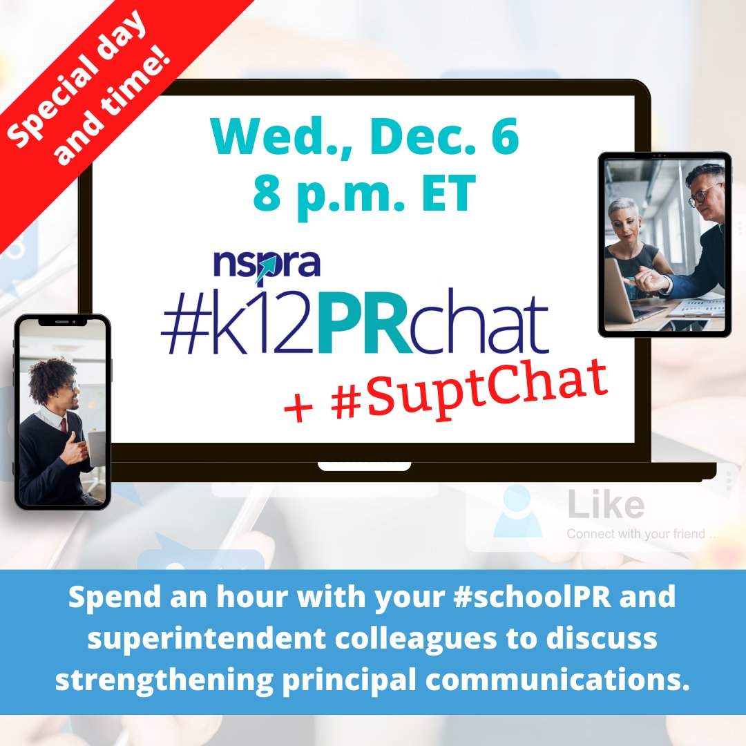It's almost time for our annual #k12PRchat #SuptChat "chatlaboration!" Join us on Wed., Dec. 6, at 8 p.m. ET here on X/Twitter to talk strengthening principal communications.

Learn more: bit.ly/3sOGyOl
Link to questions: bit.ly/4a0j3ST