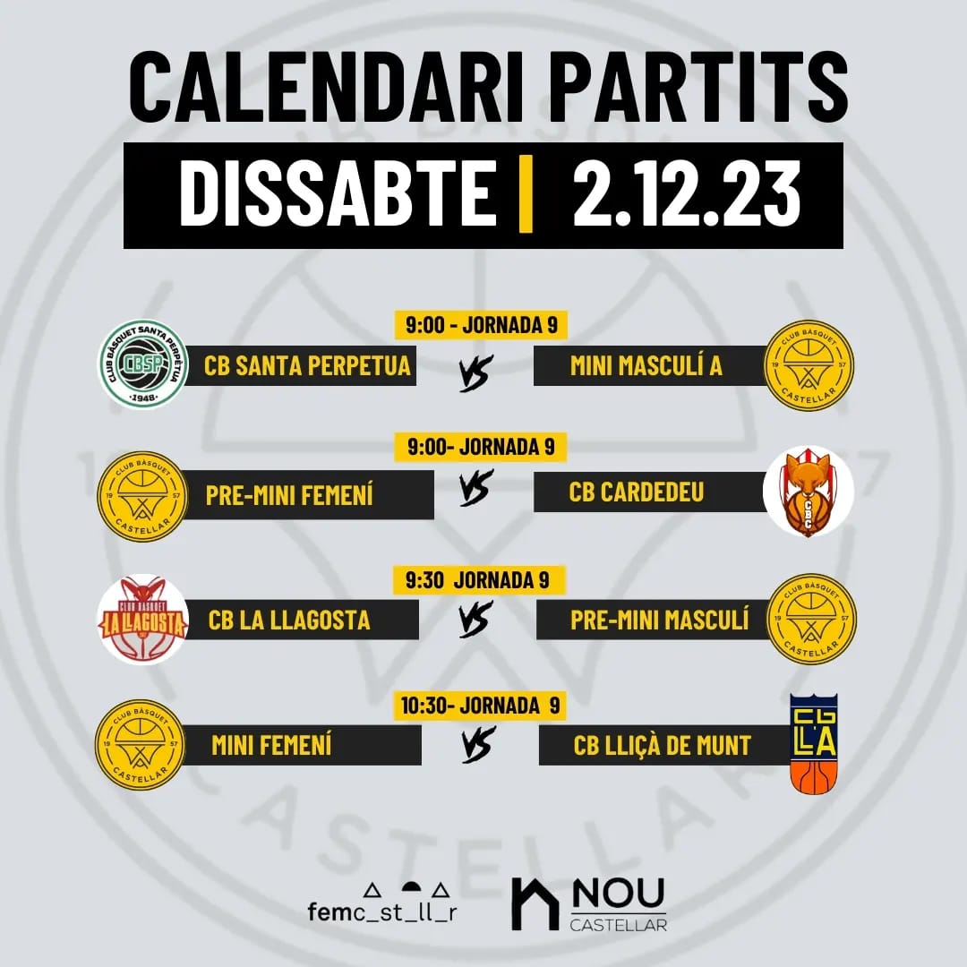 CastellarCB's tweet image. 🟡⚫️ CALENDARI DE PARTITS ⚫️🟡 

🗓️ Primer cap de setmana de desembre. Somi-hi! Aquí teniu els horaris dels partits
🏀🏀🏀
😉 Sort a tots els equips !
@femcastellar

 #casteLLARdelbasquet #fcbq #basquetcatala #femcastellar
#castellar