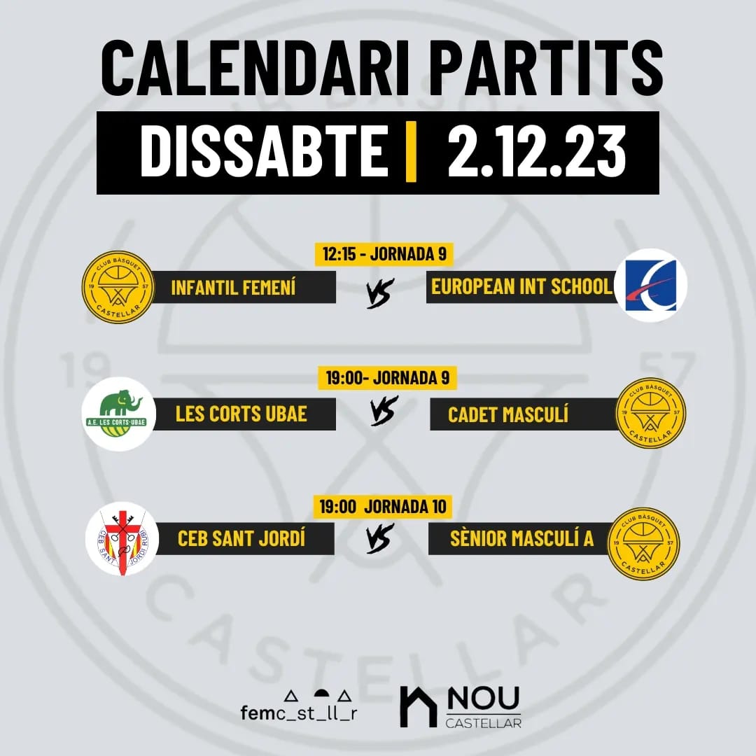 CastellarCB's tweet image. 🟡⚫️ CALENDARI DE PARTITS ⚫️🟡 

🗓️ Primer cap de setmana de desembre. Somi-hi! Aquí teniu els horaris dels partits
🏀🏀🏀
😉 Sort a tots els equips !
@femcastellar

 #casteLLARdelbasquet #fcbq #basquetcatala #femcastellar
#castellar