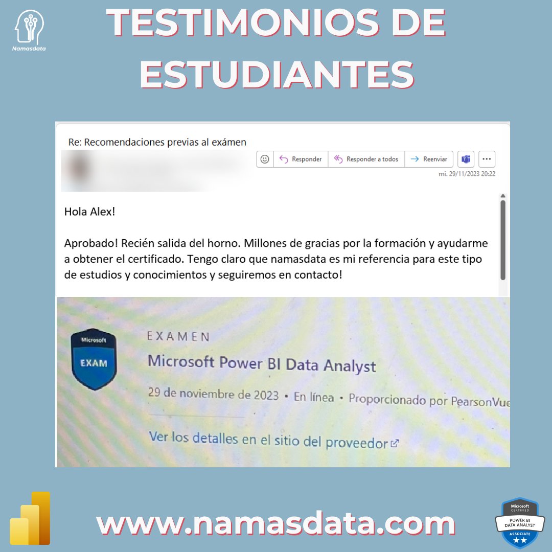 Hoy celebramos que Pablo superó el examen y se une a la familia de certificados PL-300 😊 Más allá de la alegría de ver a los estudiantes triunfar, me llena de felicidad ser parte de sus éxitos.

¡Enhorabuena, Pablo! Gracias por compartir tus metas con Namasdata.

#powerbi #pl300